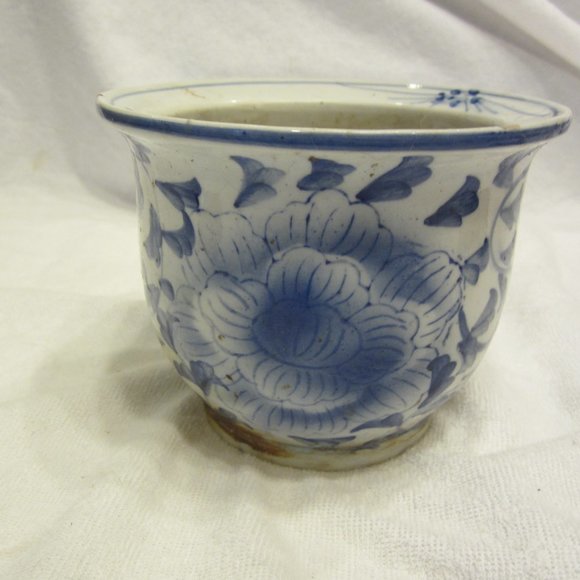 VTG CHINESE BLUE & WHITE JARDINIERE FLOWER POT, HAND PAINTED - Picture 3 of 7